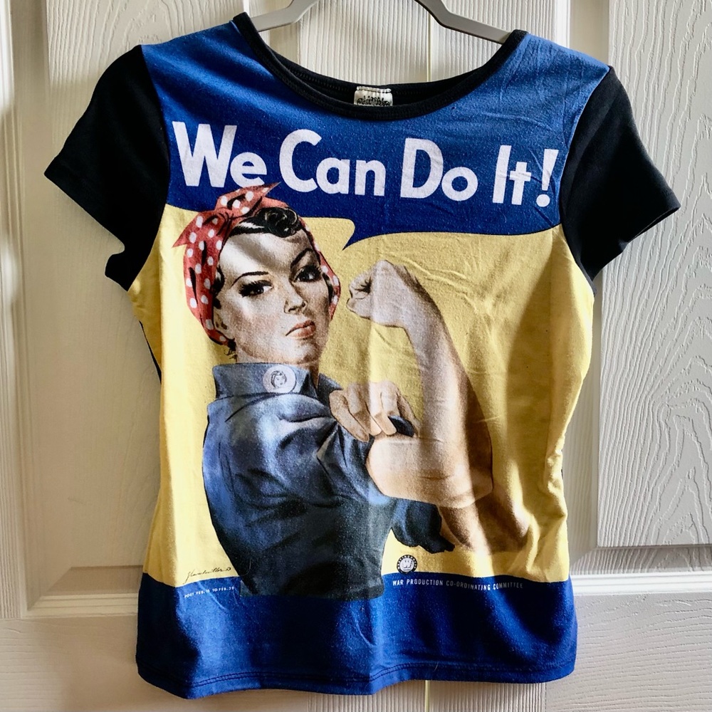 We Can Do It, Womens Fitted Tee, Rosie The Riveter WWII Print Shirt, Size Large